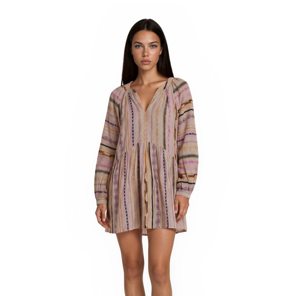 Mariacher Mini Dress Women's Size Medium Beige Pink Stripe Boho Cupro Babydoll